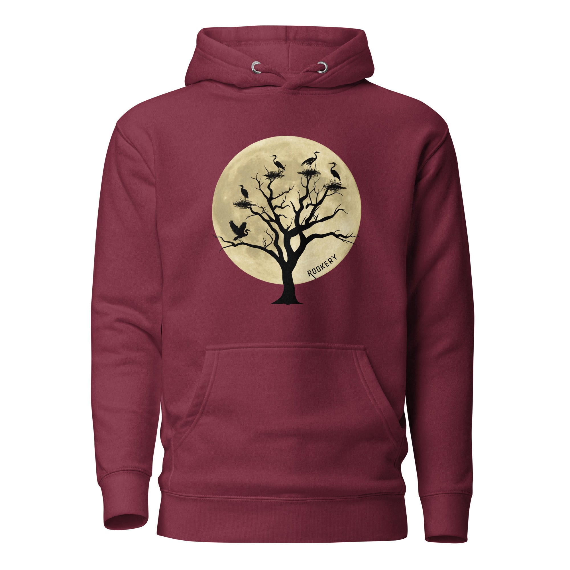 Maroon bird hoodie with a full moon outlining a heron rookery.  