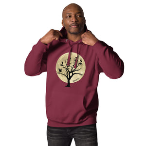 Maroon bird hoodie with a full moon outlining a heron rookery.  Worn by a man.