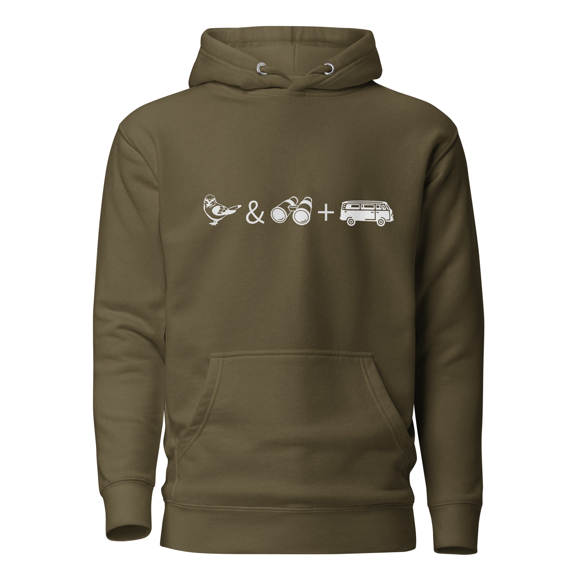 Military green unisex birding hoodie with graphics of binoculars, birds and a van.