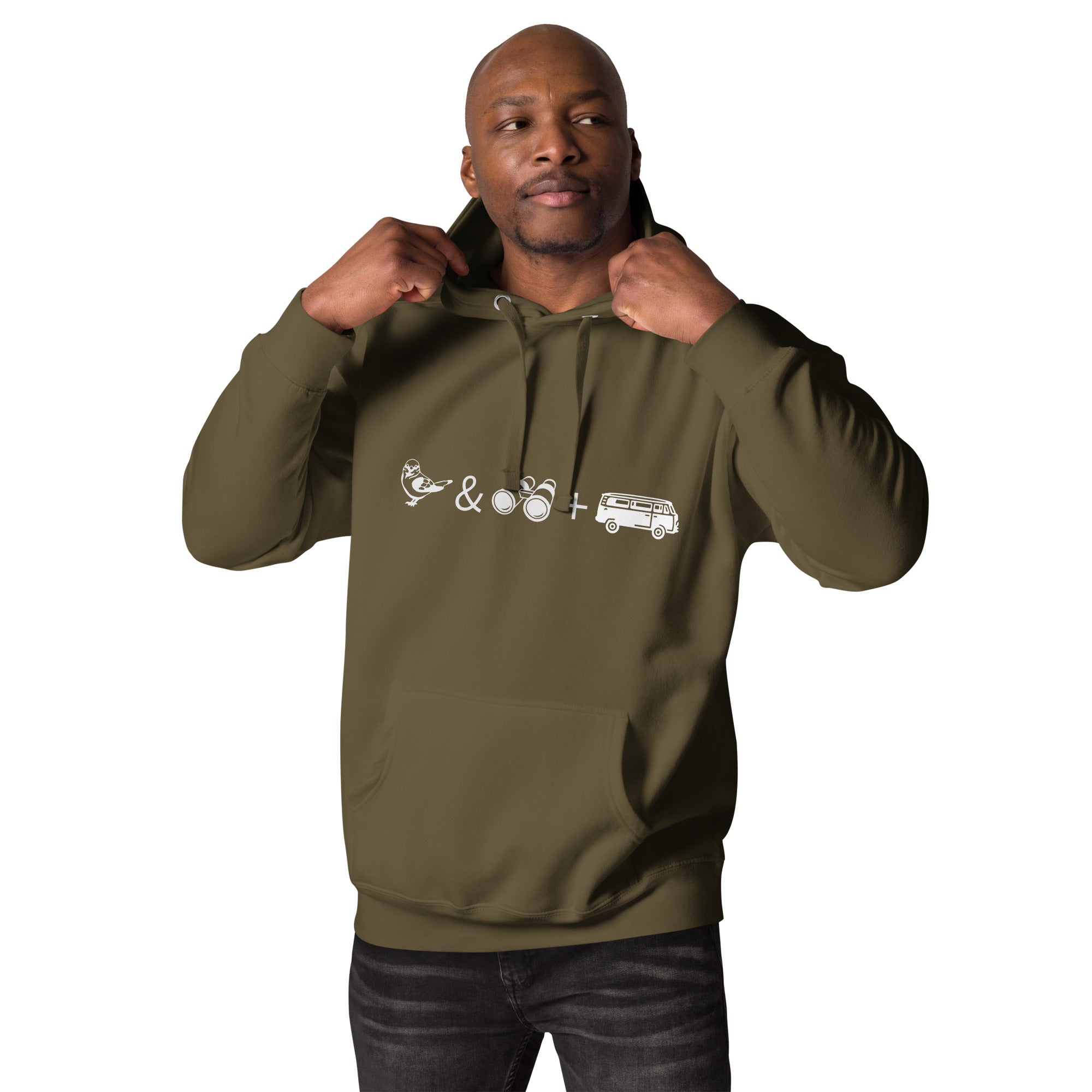 Military green unisex birding hoodie with graphics of binoculars, birds and a van. Worn by a man.