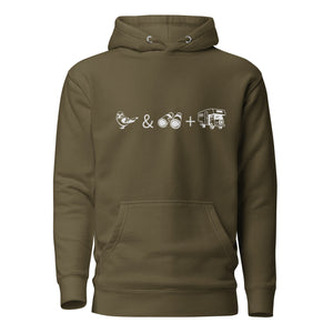 Unisex military green birding hoodie celebrating bird watching and overlanding with a graphic of binoculars, a bird, and an overlanding vehicle.