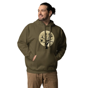 Military green bird hoodie with a full moon outlining a heron rookery.  Worn by a man.