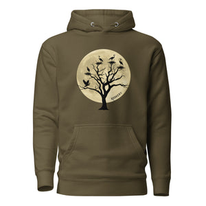 Military green bird hoodie with a full moon outlining a heron rookery.  