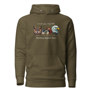 A military green bird hoodie with a great horned owl, a peregrine falcon, a red-tailed hawk and a bald eagle. The shirt has text that says, I'm not angry, I have RRF. Resting Raptor Face. 