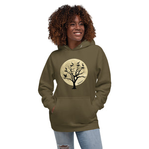 Military green bird hoodie with a full moon outlining a heron rookery.  Worn by a woman.