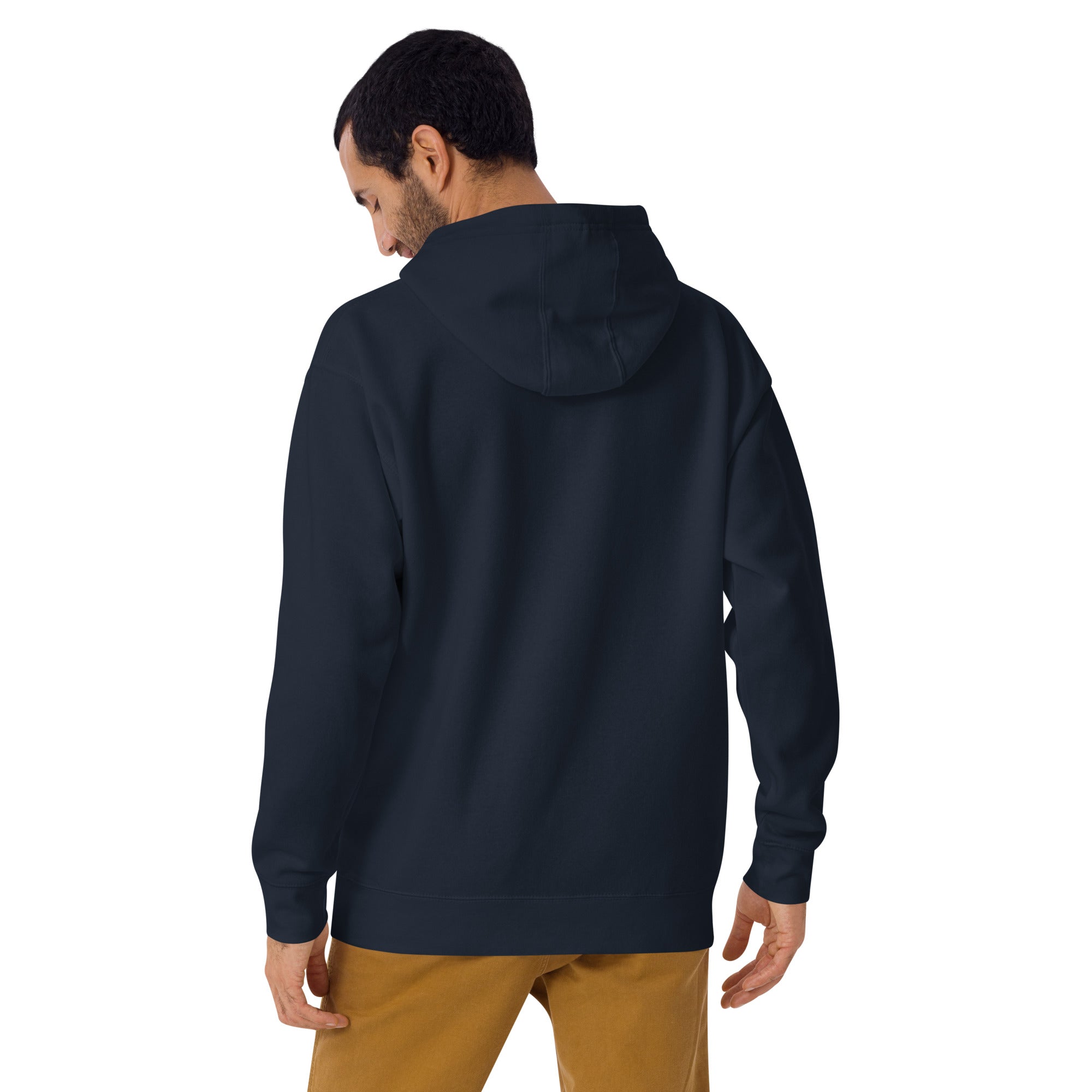 Unisex navy blue birding hoodie celebrating bird watching and motorcycling with a graphic of binoculars, a bird, and a motorcycle. Worn by a man, rear view, graphics not seen.