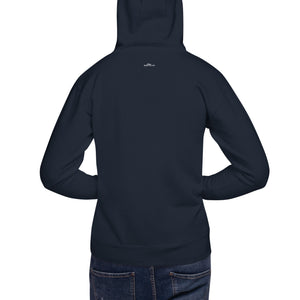 Navy blue unisex hoodie with a quill and an ink pot and the words, "Feather for your Thoughts." Rear view of small brand logo under hood at collar.