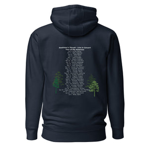 Navy blue unisex bird hoodie mimicking a concert hoodie with the words "Swainson's Thrush" and below that, "Tour of the Americas" and below that an illustrated Swainson's thrush singing into a microphone. Back of hoodie, (shown) has "concert dates" and cities where this bird can be heard.