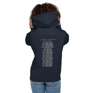 Navy unisex bird hoodie featuring an illustration of an American Robin and a microphone and the words American Robin, Spring Fling Tour. Back of hoodie shown.