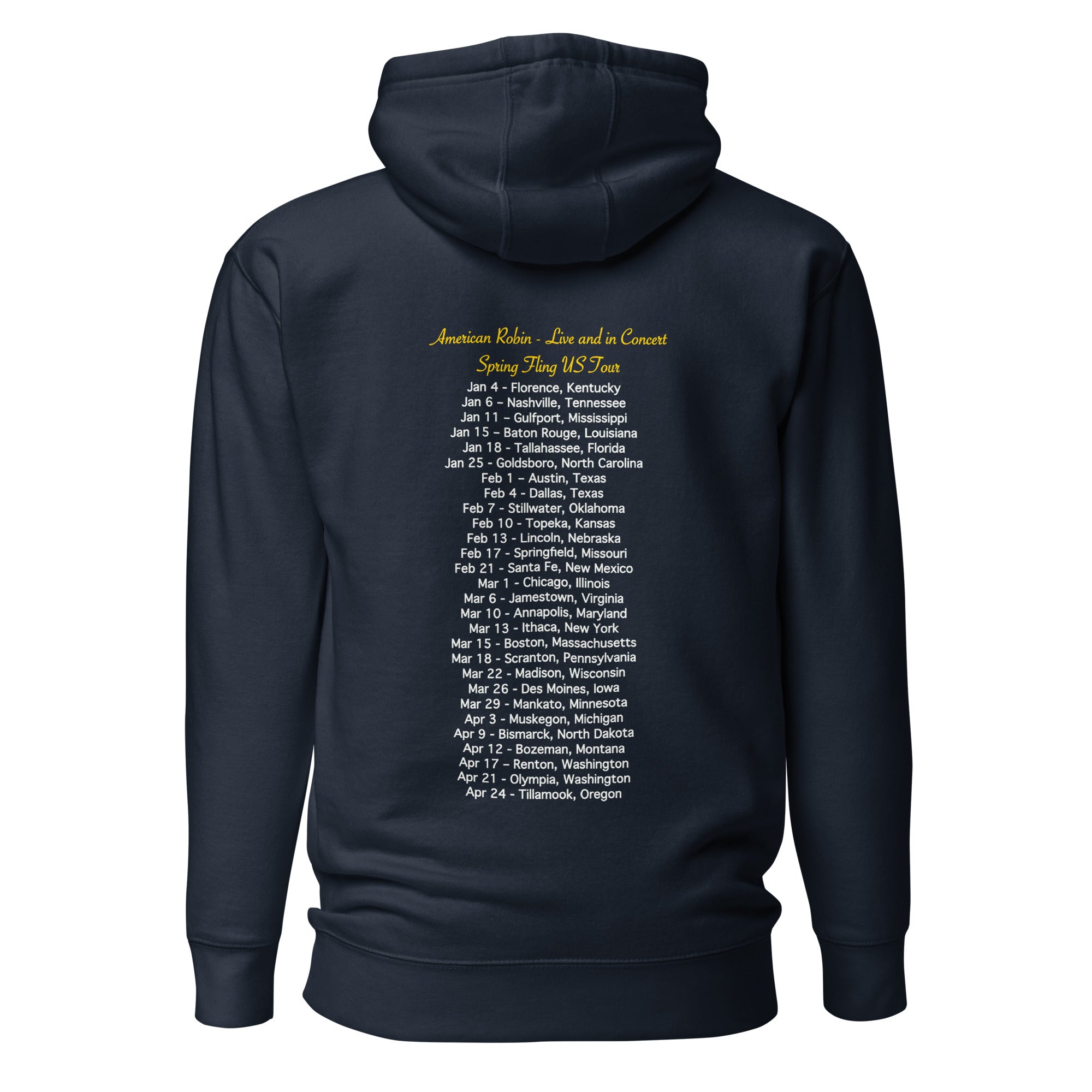 Navy unisex bird hoodie featuring an illustration of an American Robin and a microphone and the words American Robin, Spring Fling Tour. Back of hoodie shown with concert dates.