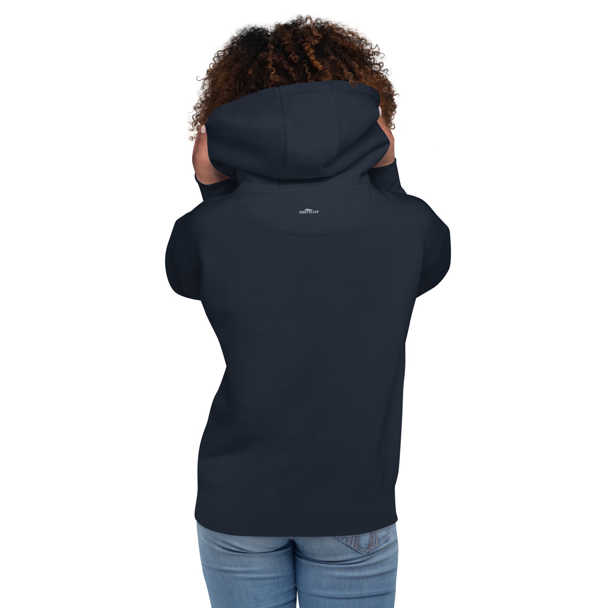 Navy blue unisex bird hoodie with the words I'm sorry I wasn't listening, I saw a bird. And a graphic of a bird flying. Rear view showing small brand logo.