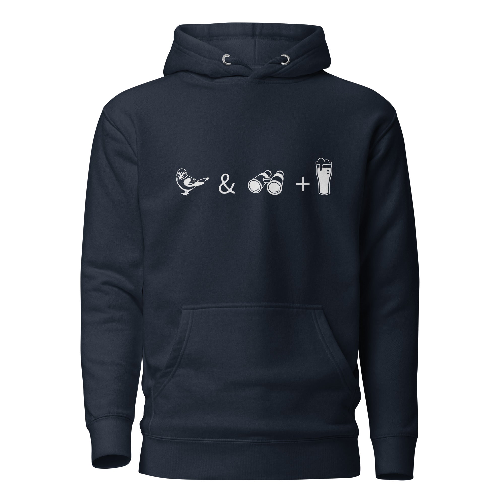 Unisex navy blue hooded bird sweatshirt celebrating bird watching and beer with a graphic of binoculars, a bird, and a glass of beer.