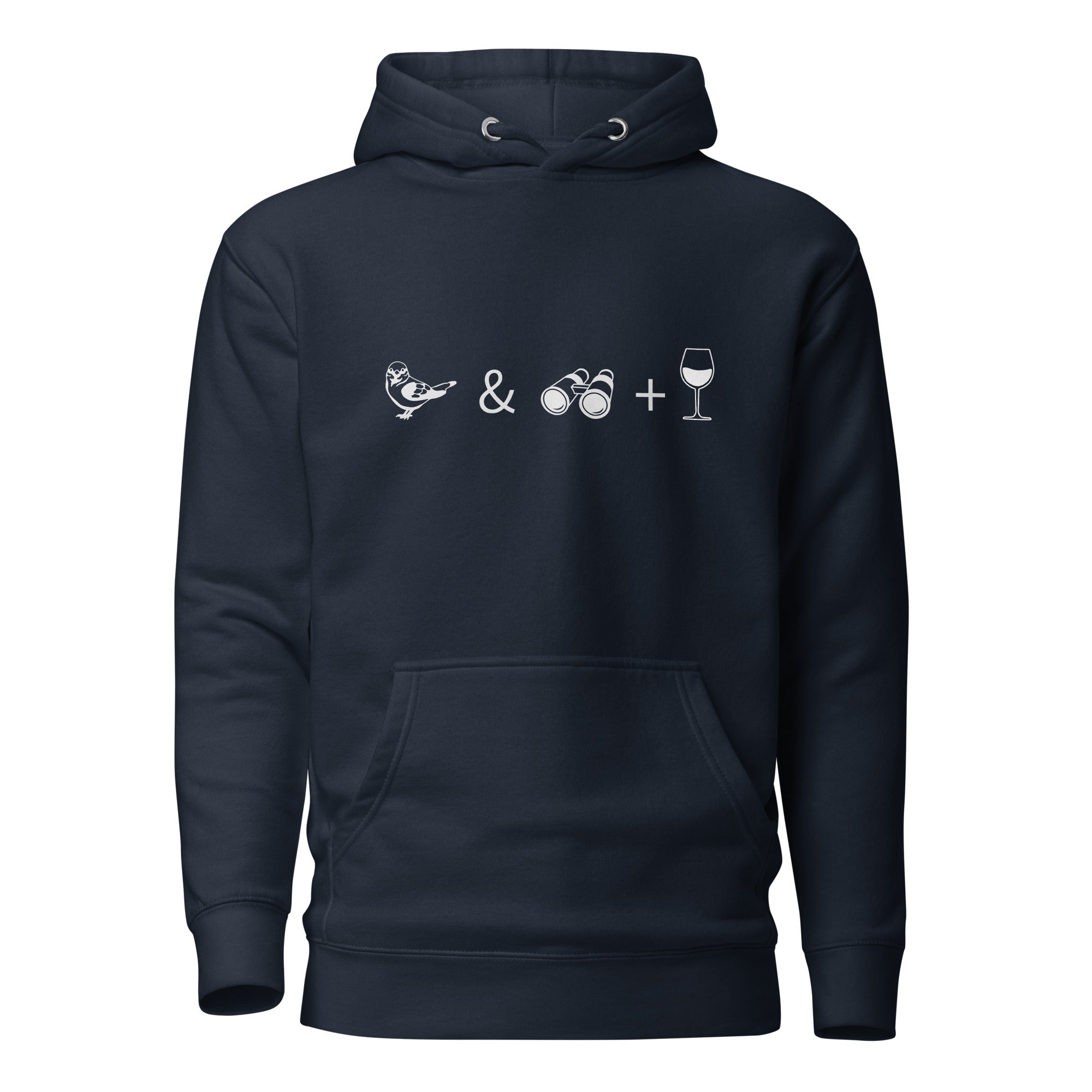 Unisex navy blue hooded bird sweatshirt celebrating bird watching and wine drinking with a graphic of binoculars, a bird, and a glass of wine.