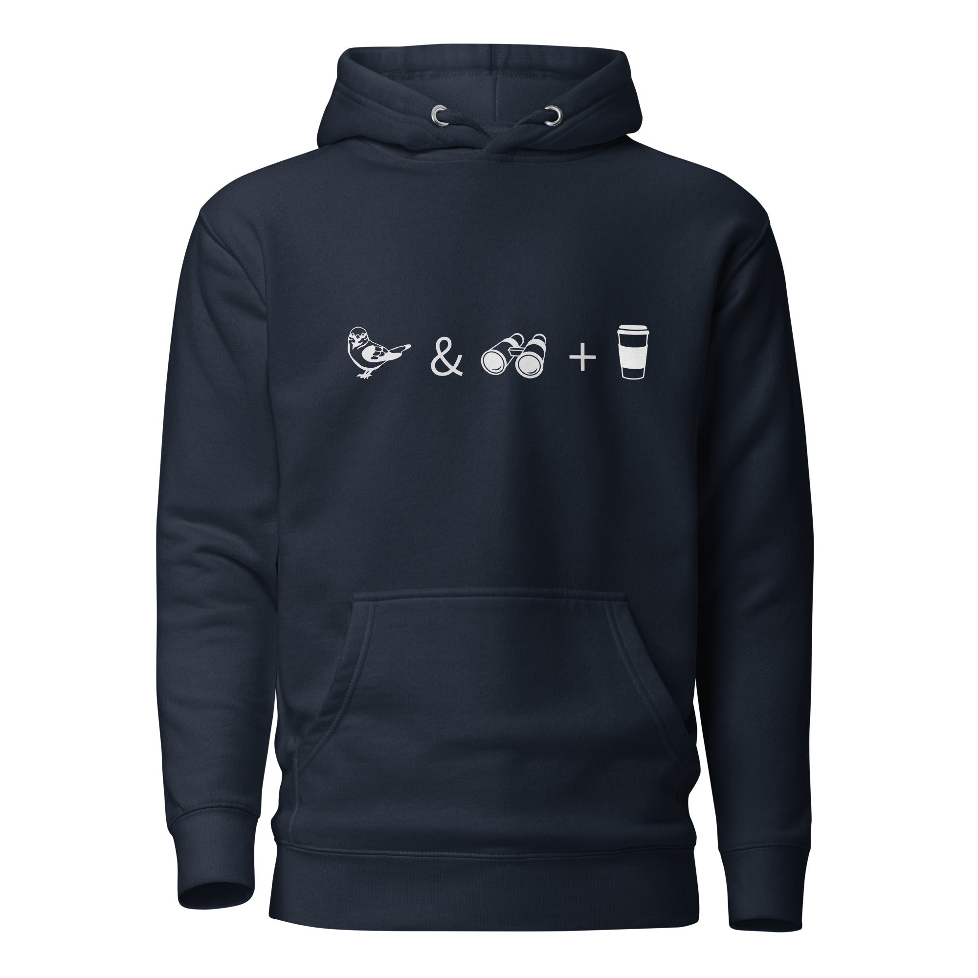 Unisex navy blue hooded bird sweatshirt celebrating bird watching and coffee with a graphic of binoculars, a bird, and a travel cup of coffee.