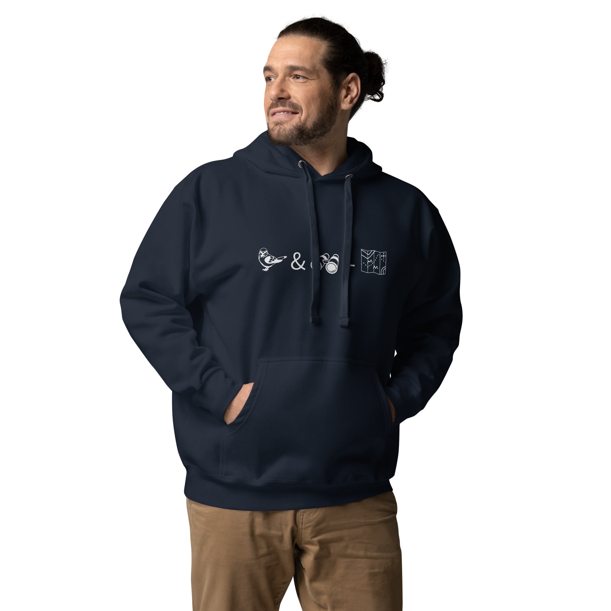 Navy blue unisex birding hoodie with a graphic of a bird, binoculars and a map on the front. Worn by a man.