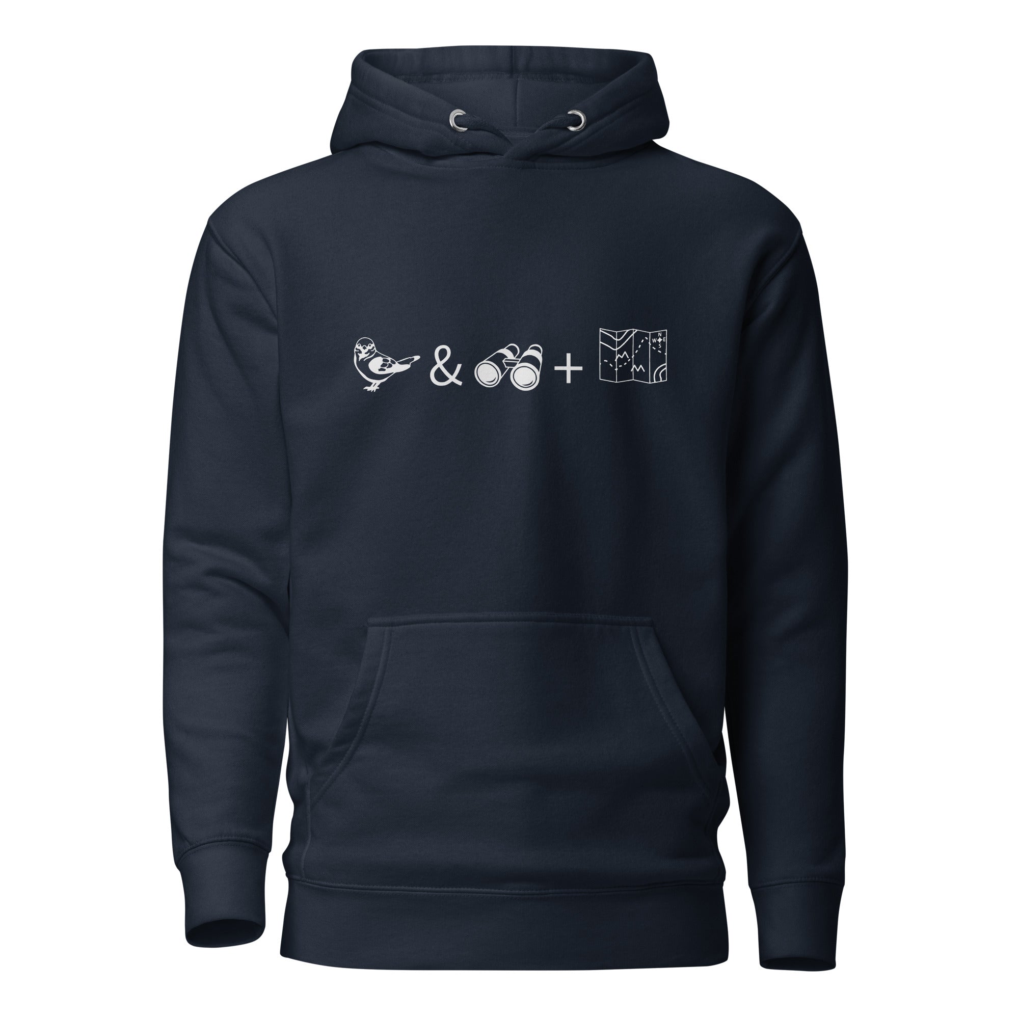 Navy blue unisex birding hoodie with a graphic of a bird, binoculars and a map on the front.