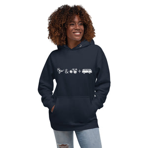 Navy blue unisex birding hoodie with graphics of binoculars, birds and a van. Worn by a woman.