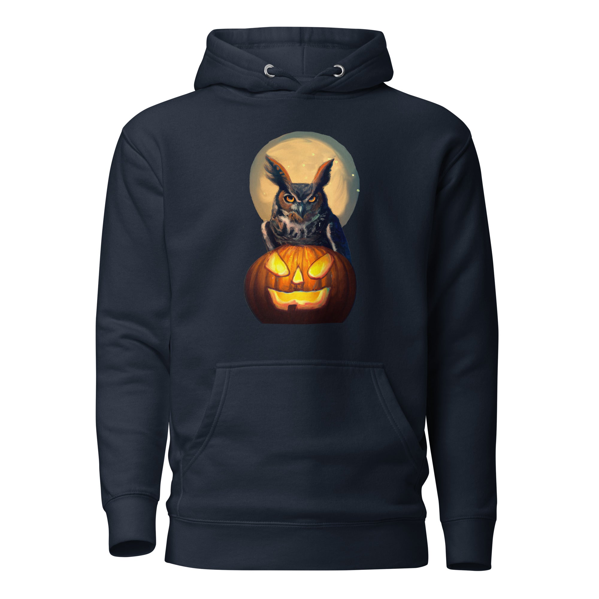 Navy Blue unisex hoodie with a picture of a great horned owl sitting on a carved pumpkin in front of a full moon on the front.