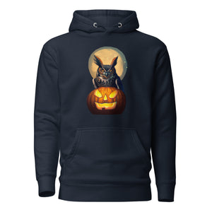 Navy Blue unisex hoodie with a picture of a great horned owl sitting on a carved pumpkin in front of a full moon on the front.