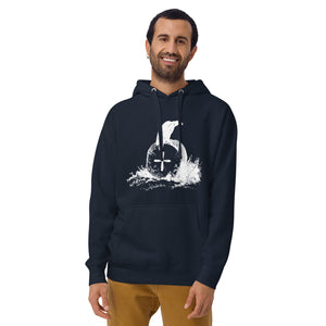 Navy blue unisex bird hoodie with a picture of raven sitting on top of an unmarked grave. Worn by a man.