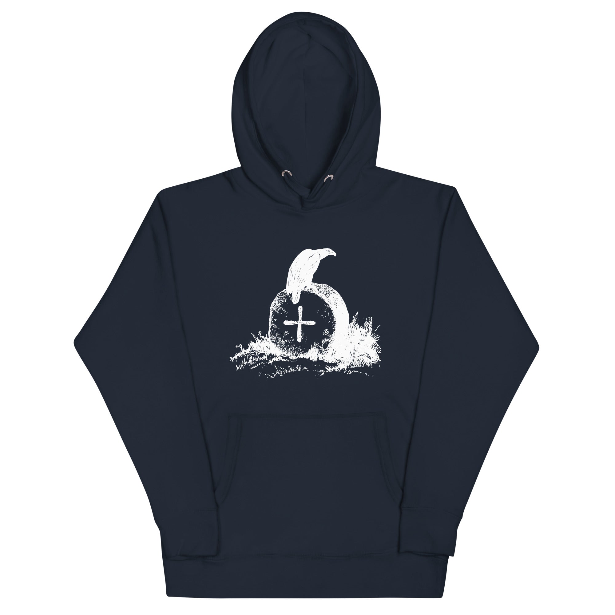 Navy blue unisex bird hoodie with a picture of raven sitting on top of an unmarked grave.