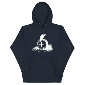 Navy blue unisex bird hoodie with a picture of raven sitting on top of an unmarked grave.