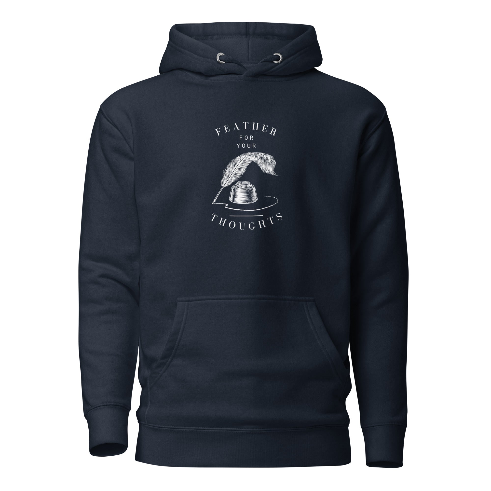 Navy blue unisex hoodie with a quill and an ink pot and the words, "Feather for your Thoughts."