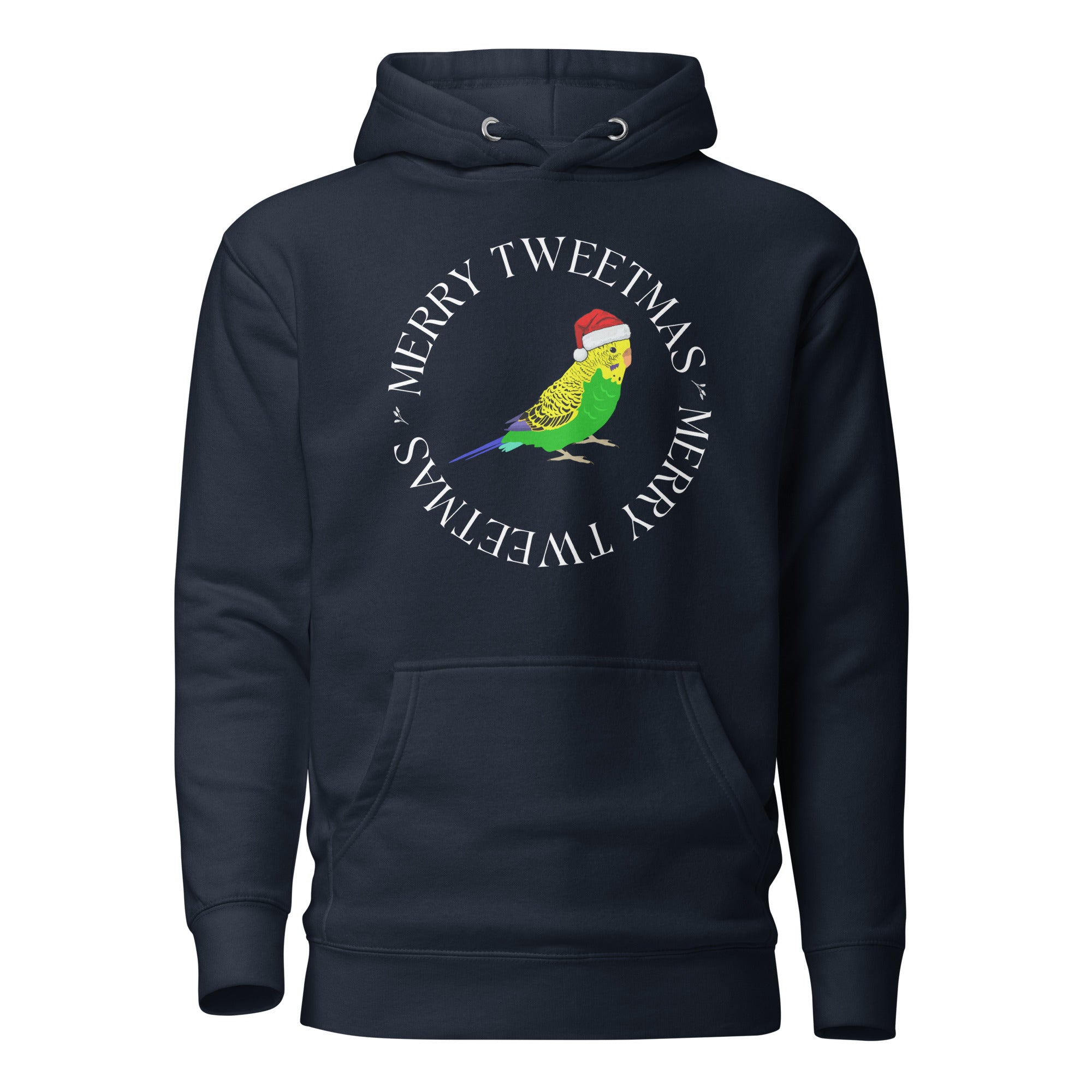 Navy blue unisex hoodie with a budgie in a santa hat surrounded by the words Merry Tweetmas, separated by to seed sprigs.