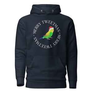 Navy blue unisex hoodie with a budgie in a santa hat surrounded by the words Merry Tweetmas, separated by to seed sprigs.