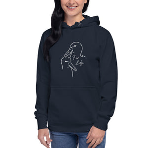 Navy blue unisex bird hoodie featuring a line drawing of two Albatross heads and the words "For Life" on the front. Worn by a woman.