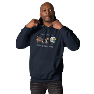 A navy blue bird hoodie with a great horned owl, a peregrine falcon, a red-tailed hawk and a bald eagle. The shirt has text that says, I'm not angry, I have RRF. Resting Raptor Face. Worn by a man.