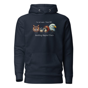 A navy blue bird hoodie with a great horned owl, a peregrine falcon, a red-tailed hawk and a bald eagle. The shirt has text that says, I'm not angry, I have RRF. Resting Raptor Face.