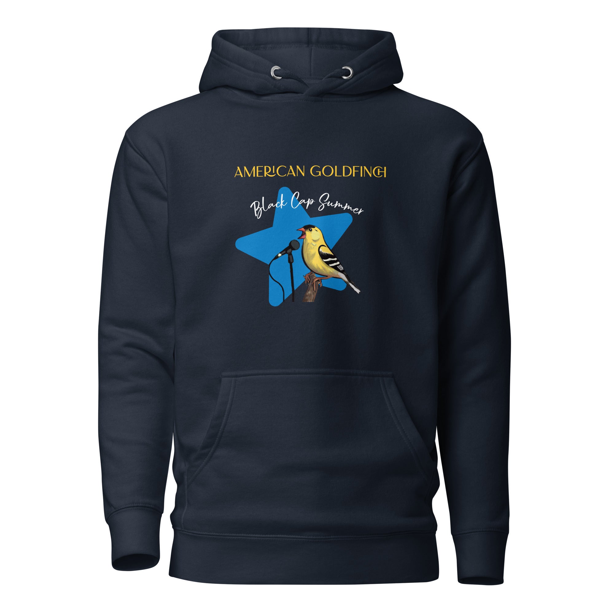 Navy blue unisex bird hoodie featuring an American goldfinch singing into a microphone with a list of dates and cities on the back where the american goldfinch is commonly seen.