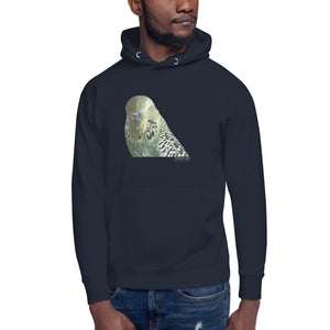 Navy unisex bird hoodie with an illustrated and lifelike graphic of a green and yellow parakeet or budgie on the front. Below and to the right of the picture is the word Budgerigar and below that the scientific name in parenthesis in small print. Worn by a man.