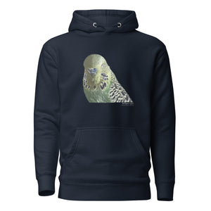 Navy unisex bird hoodie with an illustrated and lifelike graphic of a green and yellow parakeet or budgie on the front. Below and to the right of the picture is the word Budgerigar and below that the scientific name in parenthesis in small print.