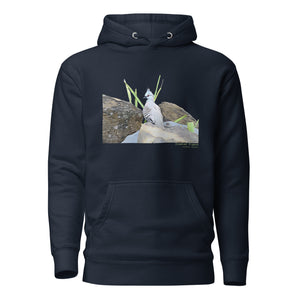 Navy premium hooded bird sweatshirt with a lifelike illustration of a crested pigeon among some rocks and grass. The name of the pigeon is below the picture, with the scientific name included.