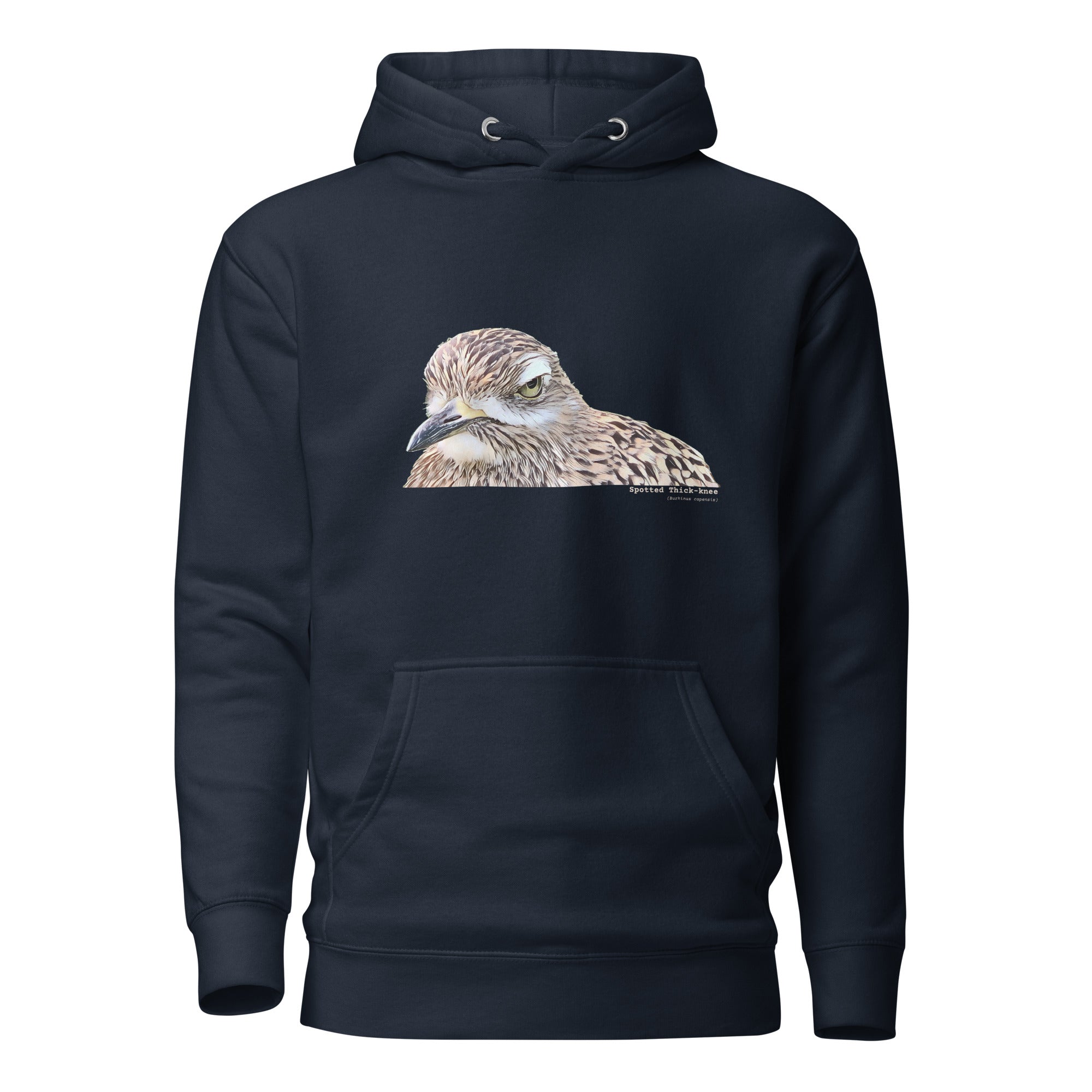 Navy unisex bird hoodie with an illustrated picture of a spotted thick-knee bird looking grumpy. The words spotted thick-knee are written below the illustration, including the scientific name.