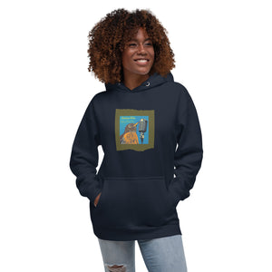 Navy unisex bird hoodie featuring an illustration of an American Robin and a microphone and the words American Robin, Spring Fling Tour. Worn by a woman.