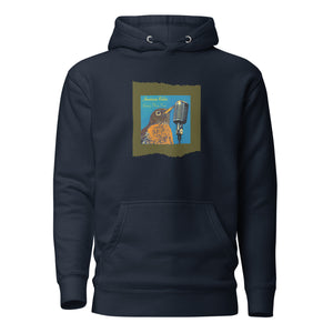 Navy unisex bird hoodie featuring an illustration of an American Robin and a microphone and the words American Robin, Spring Fling Tour.