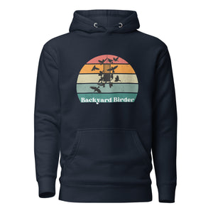 Navy blue bird hoodie with a retro sun design outlining a bird feeder with the words Backyard Birder.