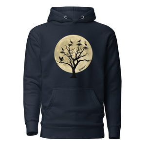 Navy blue bird hoodie with a full moon outlining a heron rookery.  