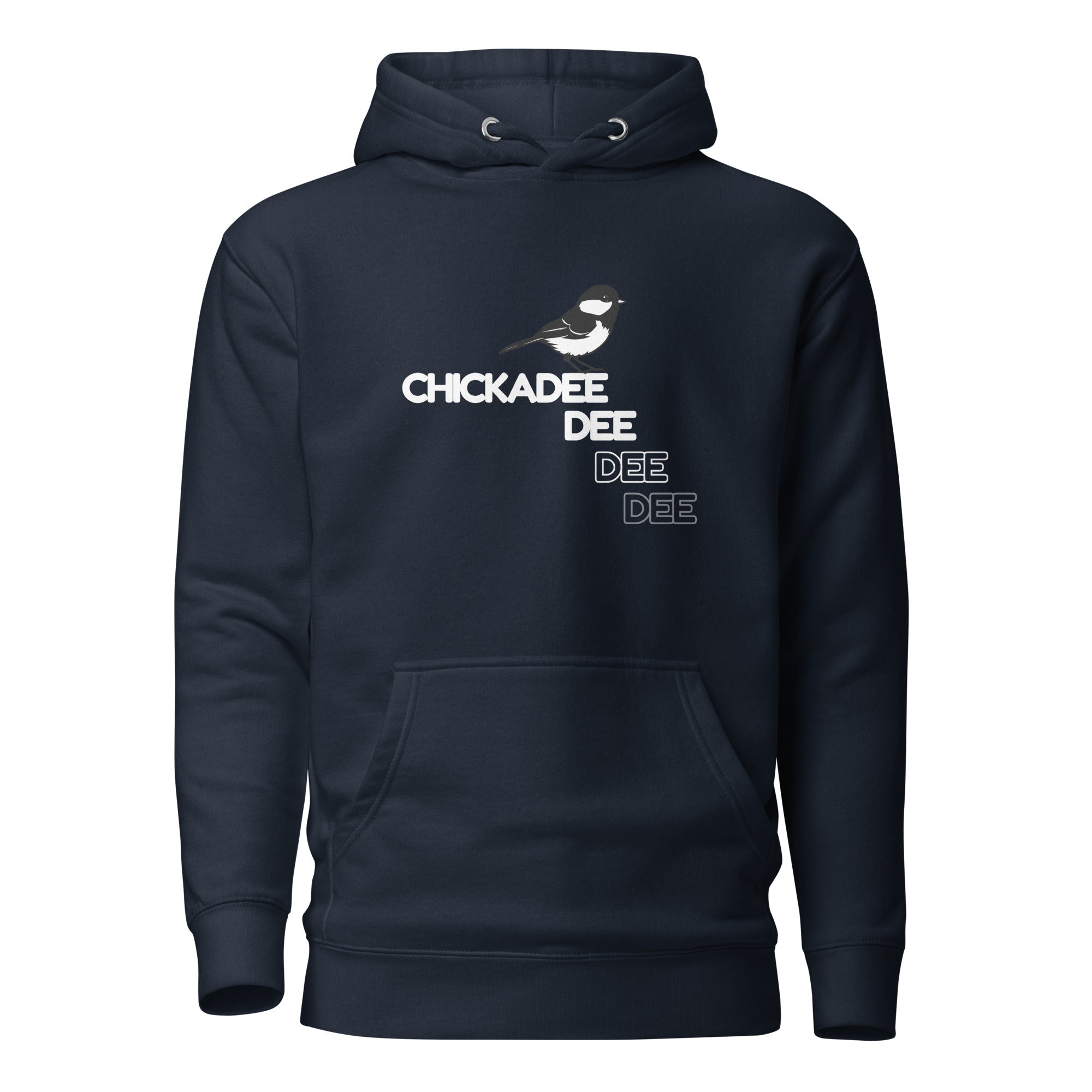 Navy hoodie with a chickadee on the front and chickadee call.