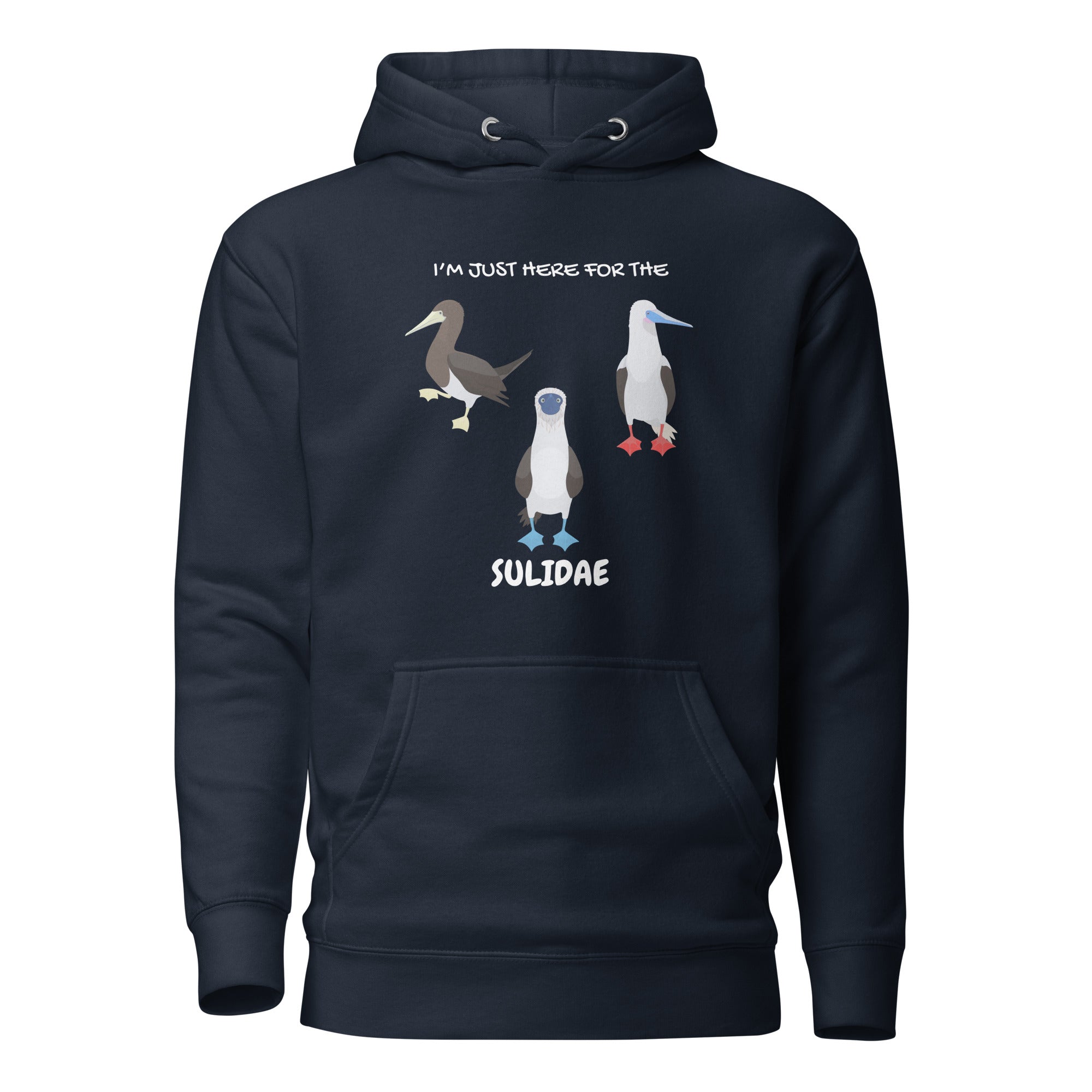 Navy birder hoodie with a red-footed, blue-footed and brown booby on it, but referencing only the scientific family name for the bird.