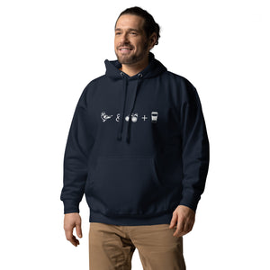 Unisex navy blue hooded bird sweatshirt celebrating bird watching and coffee with a graphic of binoculars, a bird, and a travel cup of coffee. Worn by a plus size male model.