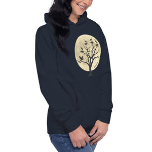 Navy blue bird hoodie with a full moon outlining a heron rookery.  Worn by a woman.