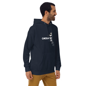 Navy hoodie with a chickadee on the front and chickadee call. Worn by a man.