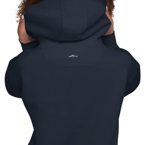 Navy hoodie with the words Birdsong feeds my should above and below a white graphic of 4 birds on a branch. Rear of hoodie showing brand logo beneath hood.