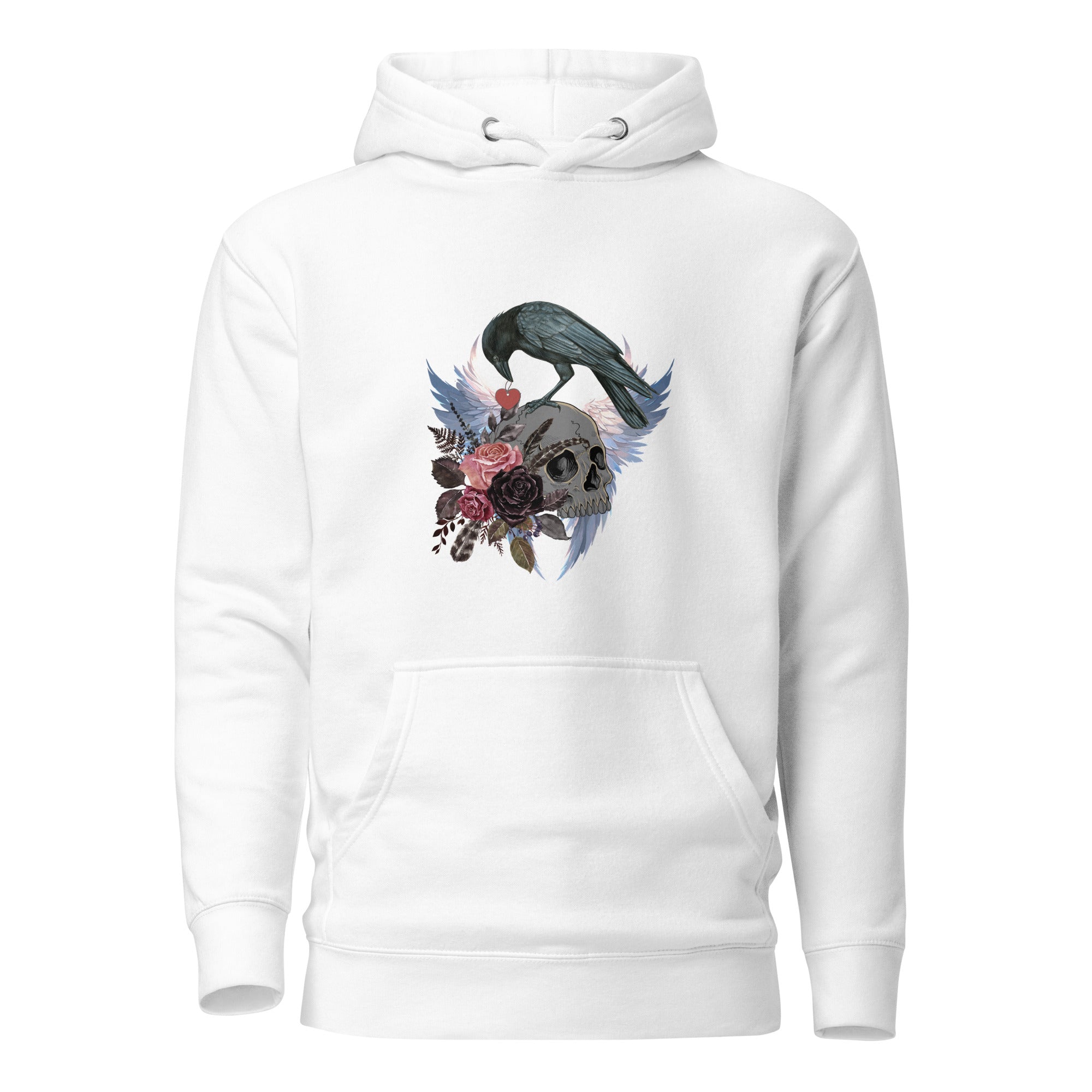 White unisex bird hoodie with a crow holding a heart pendant, perched upon a skull, surrounded by wings and flowers.