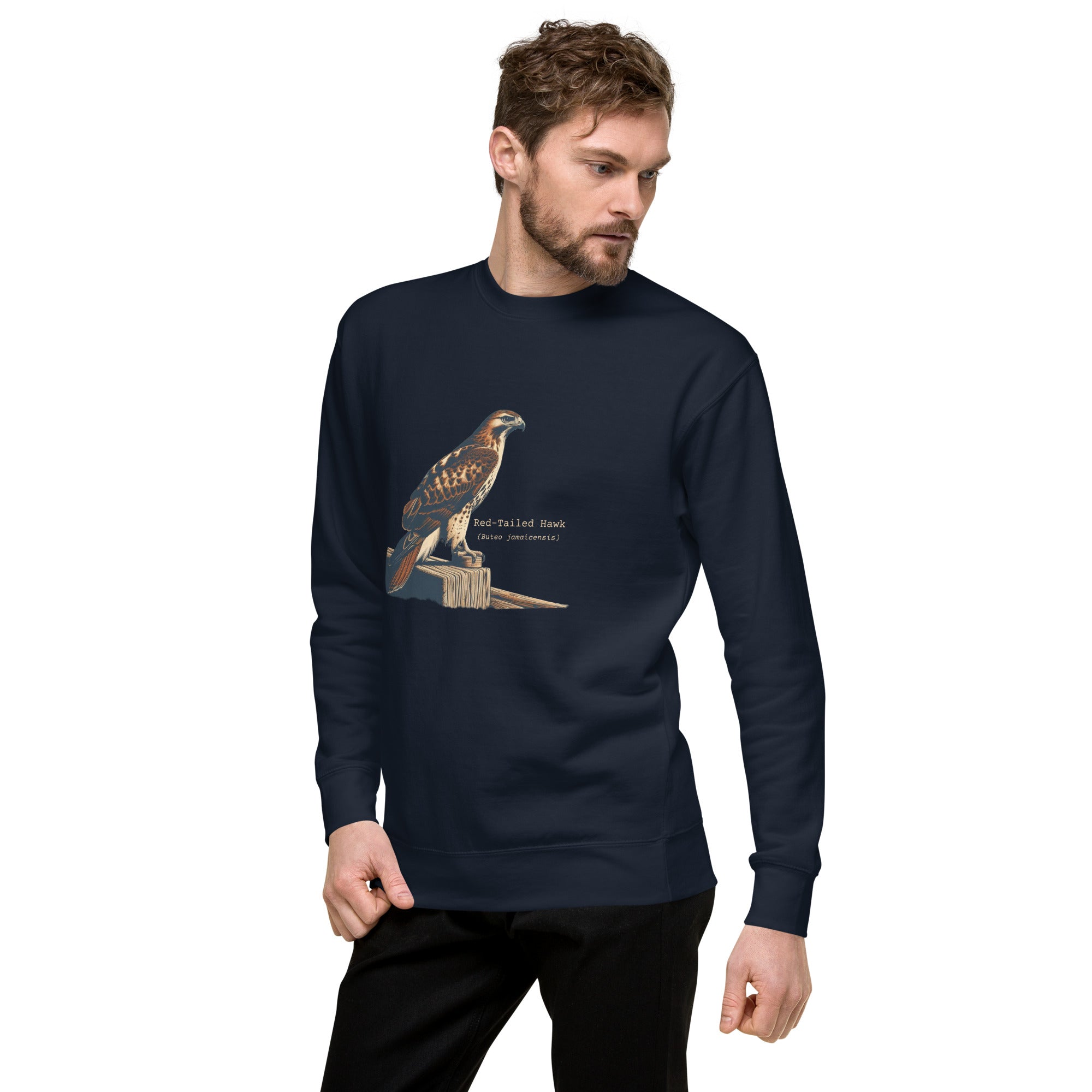 Navy birding sweatshirt with an artistic depiction of a red-tailed hawk sitting on a fence and the common and scientific names for the bird next to it. Worn by a man.