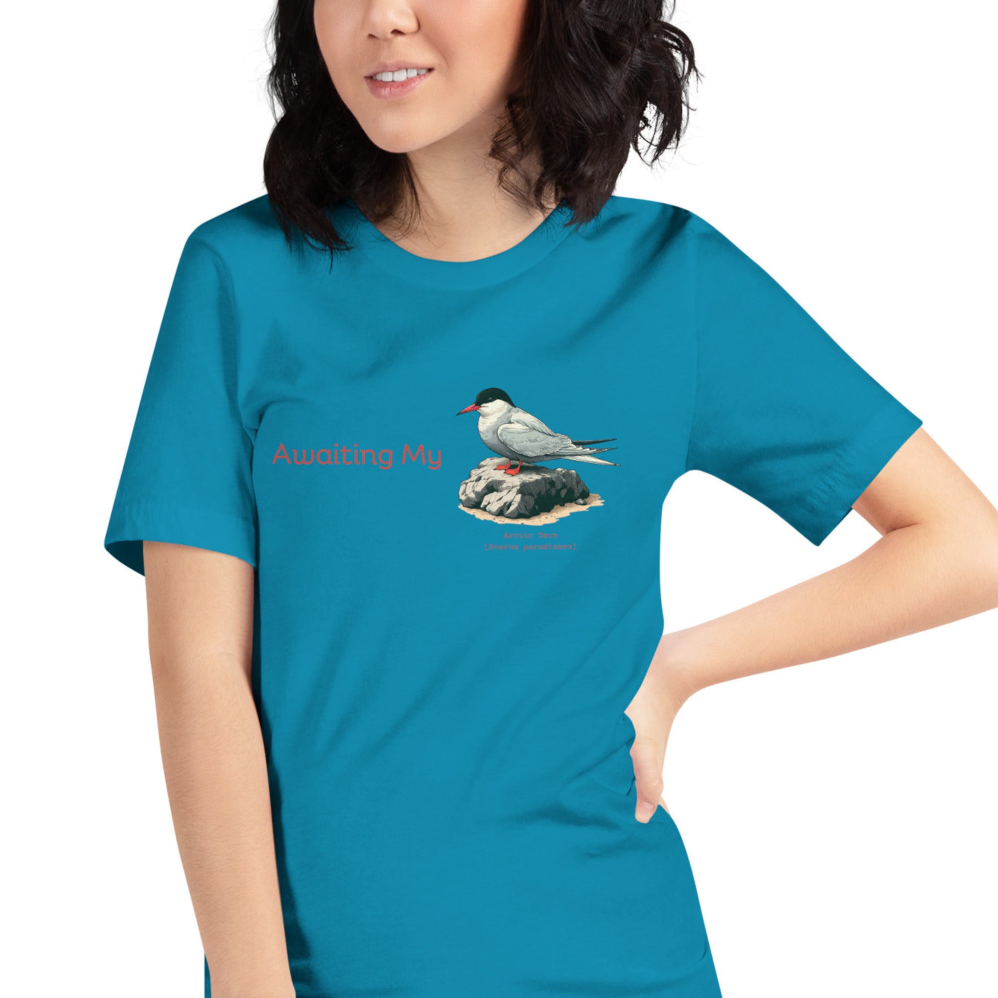 Aqua blue unisex crew neck t-shirt with a graphic of an Arctic Tern on a rock, and the words "Awaiting My" next to it in a fun pun. The words Arctic Tern and the scientific name of Sterna Paradisaea are below the bird. Worn by a woman.